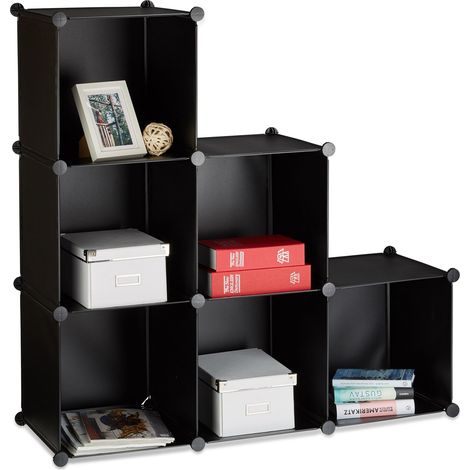 Relaxdays Storage Shelf Step Rack with 6 Compartments, Stacking Shelves as Closet or Room Divider, Open Bookcase, Black
