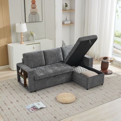 Canapé d’angle 202 × 136 × 85 cm gris en chenille avec rangements et méridienne réversible (1/5)