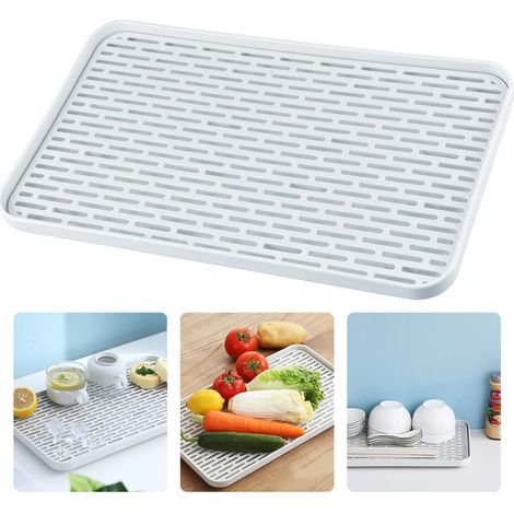 Égouttoir avec bac d'égouttement - Tapis égouttoir à vaisselle - Support de bac d'égouttement pour tasses à fruits Tasse Ustensiles Accessoires de salle de bain, Plateau à café et à thé (39 x 22,5 cm) (1/5)