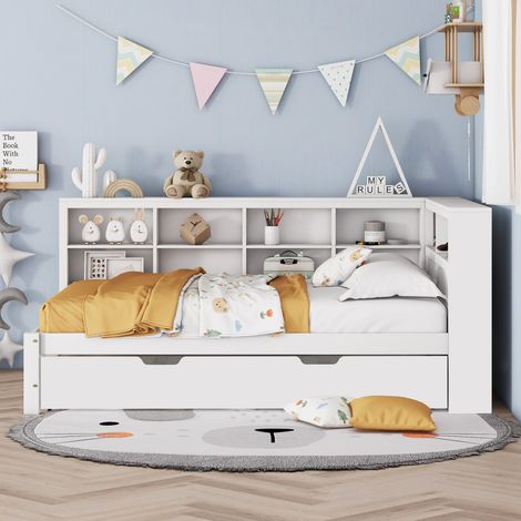 DESVIAE Lit banquette double multifonction en bois massif avec lit gigogne prise USB rangements 140 x 200 90 x 190 blanc (1/4)