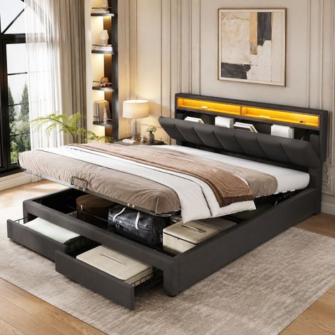 CHICFURN Cama con canapé abatible 160x200 cm de acero y lino gris con LED, sin colchón (1/5)