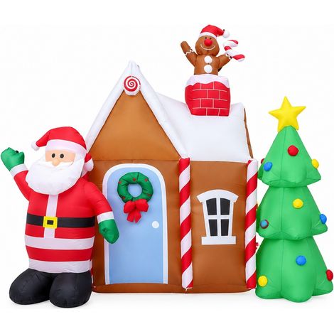 Décoration de Noël gonflable de 2,1 m : château du Père Noël, bonhomme en pain d'épice et sapin. Conforme aux normes européennes. (1/2)