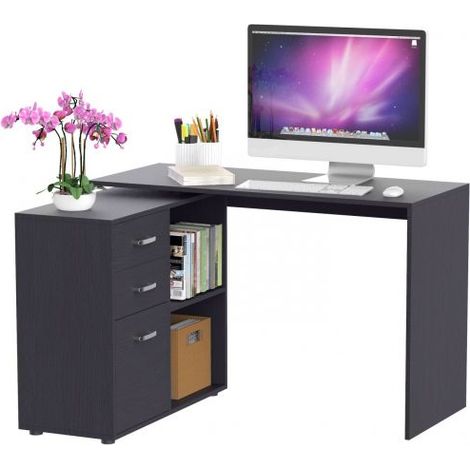 EASYCOMFORT Scrivania Angololare con Cassettiper PC, Scrivania ad Angolo Forma a L per Ufficio e Casa, Ripiano Estraibile, Nero