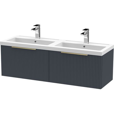 Fluted Front Wall Hung 2-Drawer Bathroom Vanity Unit with Double Basin, 1200mm, Satin Dark Grey, Brushed Brass Handles (1/5)