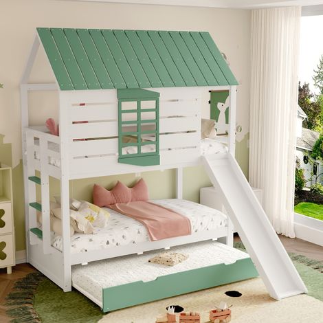Lit mezzanine maison 90x200 cm en MDF blanc et vert avec toboggan et lit gigogne (1/5)