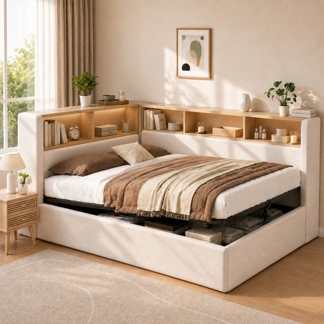 Canape lit 90x200 cm avec rangement hydraulique, lit rembourré, lit de jour avec LED, USB et dossier, structure de lit, beige (1/5)