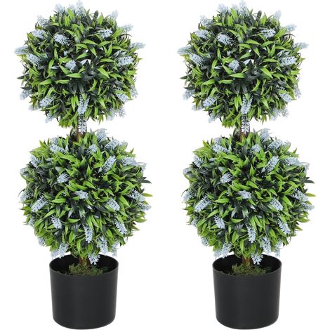 Set of 2 Decorative Artificial Plants Ball Trees with Lavender Flowers in Pot Fake Plants for Home Indoor Outdoor Decor, 70cm, Blue