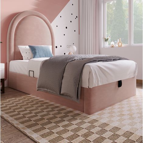 Lit coffre 90x200 velours rose avec rangement HAVRYA (1/5)