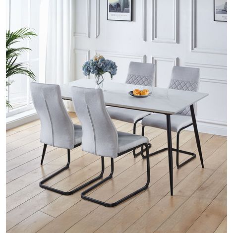 Hallowood Furniture Cullompton Dining Table and Chairs Set 4, White Marble Effect Kitchen Table and 4 Chairs in Light Grey Fabric and Cantilever Legs, Modern Dining Room Sets for Home and Cafe (1/5)