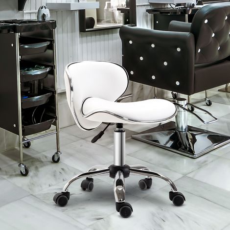 Tabouret à roulettes de travail avec hauteur réglable 44-56 cm et dossier pivotant 360° - blanc