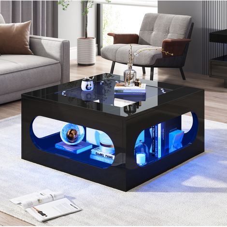 Mesa de centro cuadrada (70x70x35 cm), con iluminación LED controlada por app, almacenamiento central, vidrio templado, MDF negro (1/5)