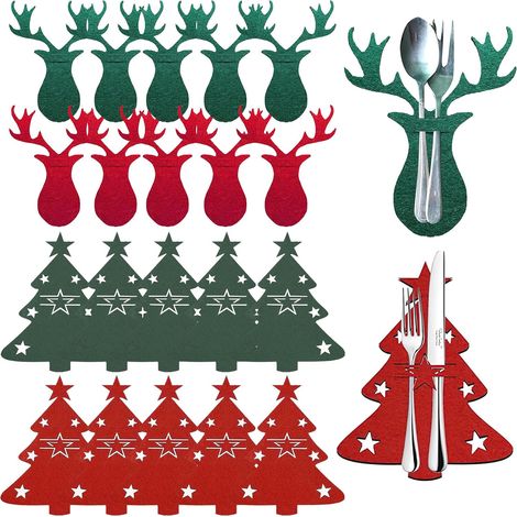 20 Porte-couverts de Noël en feutre rouge et vert : Porte-couverts en forme de sapin et d'élan, porte-couverts et vaisselles, fourreaux pour couteaux et fourches de dîner (1/5)