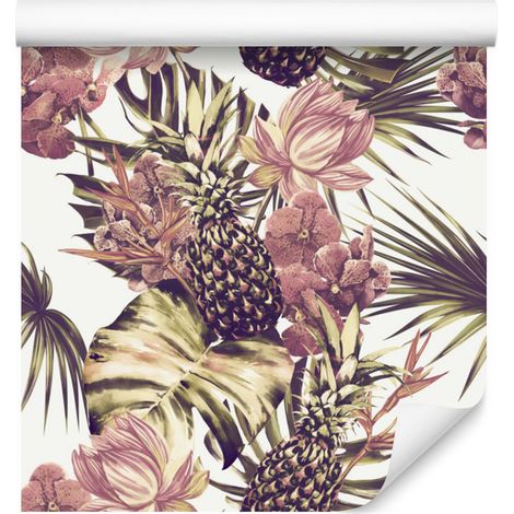 Papel pintado de piña con hojas y flores de monstera para salón y dormitorio, 50x1000 cm. (1/5)