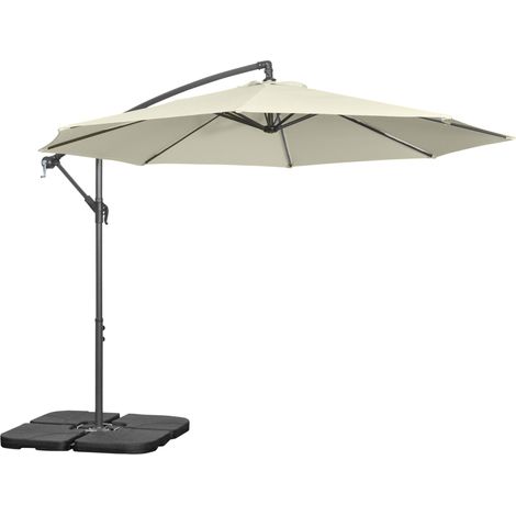 Ombrellone Decentrato a 6 Stecche con Manovella e Base a Croce, in Metallo e Poliestere, Ø292x247 cm, Beige