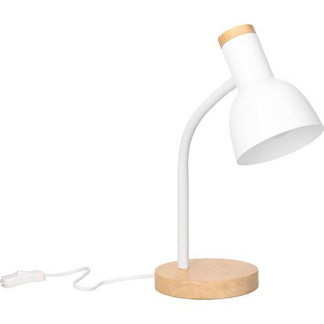 Lampe de bureau de style nordique. Lampe de table E27 en acier blanc et bois clair naturel. (1/4)