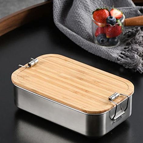 APEX Bento Boîte à repas pour adultes/enfants, en acier inoxydable 1000 ml boîte en métal avec couvercle en bois, boîte à petit-déjeuner (1/5)