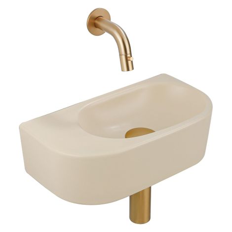 QeramiQ Fuente Ensemble de Lavabo - 40x21.5x12cm - lisse - demi-rond - sans trou pour robinet céramique - ensemble de robinet en laiton brossé -