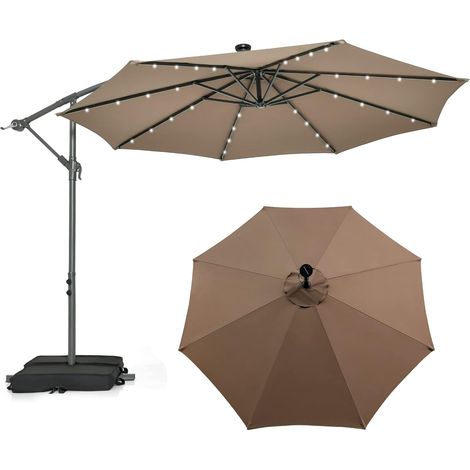 COSTWAY Sombriila LED Solar 32 Luces, Parasol Excentrico 3M con Base Saco de Arena, Sombrilla Jardin con Manivela, Patio, Jardín, Terraza, Piscina, Playa (café) (1/5)