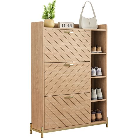 Zapatero con 3 Puertas Abatibles y Estantes Abiertos Laterales, en MDF, Natural, 90×24×119 cm (1/5)