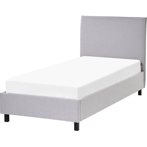 Einzelbett Polsterbett Grau 90 x 200 cm Leinenoptik Hohe Kopfteil Helle Holzfüße Universell Mit Lattenrost Stabile Konstruktion Klassisch