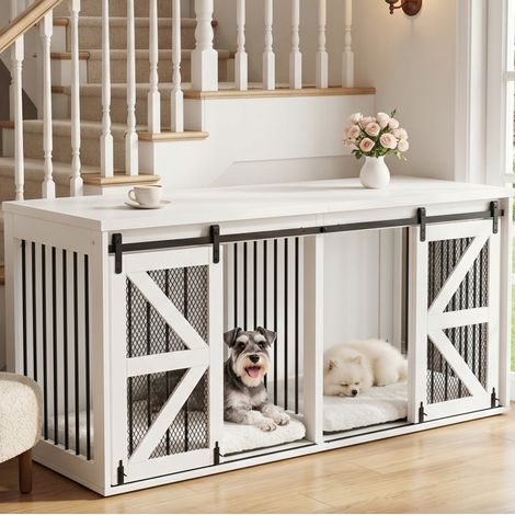 Caseta doble para perros, 160x60x75 cm, blanca, panel fijo y puertas correderas (1/5)