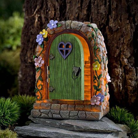 Feenfenstertüren, Solarlampen-Miniaturen, leuchtende 3D-Statuen, Feenbaum, Gnome, Elfenfenstertür, Miniaturbaum für den Außenbereich (1/5)