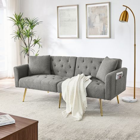 Canapé 2 places en tissu teddy gris avec dossier inclinable 3 positions et 2 coussins (1/5)