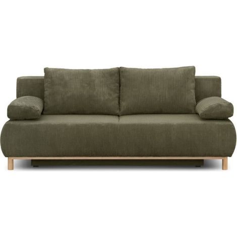Banquette convertible 3 places MIKA - Velours côtelé vert kaki - Coffre de rangement - L 192 x H 84 x P 93 cm (1/5)