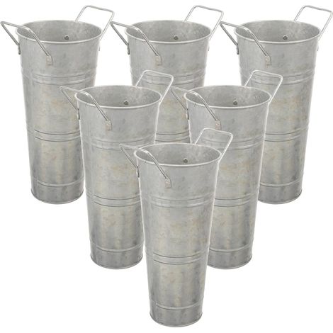 Ensemble de 6 Vases à Fleurs Rustiques en Fer Galvanisé Poignées Seaux Décoratifs Gris Mat Jardinières Métalliques Polyvalentes pour Mariage Décoration Intérieure et Extérieure (1/5)