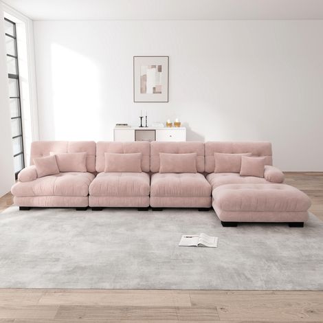 Canapé d'angle modulable, ensemble de canapés de salon en forme de L, canapé nuage confortable quatre places avec pouf amovible, combinable à faire soi-même, tissu chenille, rose. (1/5)