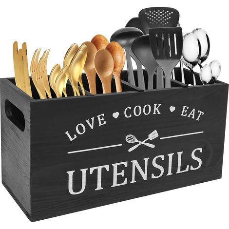 1 Organiseur Ustensiles Bois 4 Compartiments Séparateurs Amovibles Fond Drainant Cuisine (1/5)
