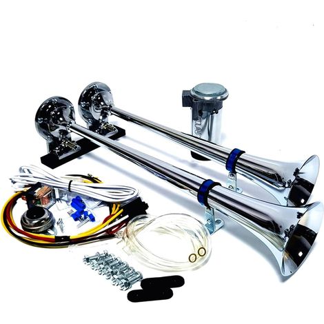 Klaxon Pneumatique 12V Argent 165db - Support de Bande Pour Camion - Corne de Trompette à Double Tube en Chrome Zinc - Pompe à Air Pour Bateau et Autres Véhicules (1/5)