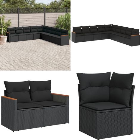 Salon de jardin 9 pcs avec coussins noir résine tressée - Ensemble Salon De Jardin - Mobilier Extérieur - Meubles De Jardin - Salon De Jardin Pliable - Chaise Longue - Home & Living (1/5)
