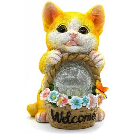 Statue Chaton Solaire - Décoration Jardin Extérieur Étanche - Ornement Animal en Résine avec Panneau Solaire Nickel - 1 Pièce