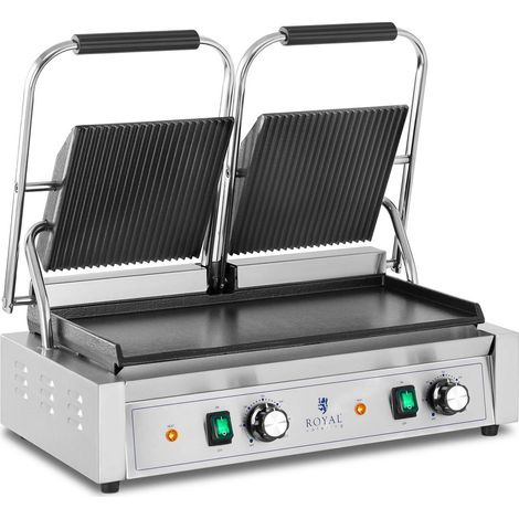 Royal Catering – Grill double contact 3600W – Plaques lisses et rainurées 48 x 23 cm – Pour viandes, légumes, sandwichs et paninis (1/8)