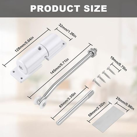 Automatic Door Closer Zinc Alloy Spring Door Closer Spring for Doors with Adjustment Rod and Screws for Home Office and Bedroom of Different Types Doors Round White (1/4)