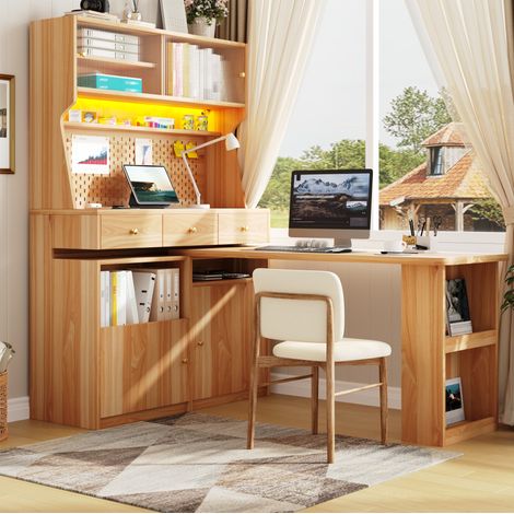 Armario alto con escritorio integrado (137x74x177.7 cm), con iluminación LED, puertas de vidrio, MDF y metal, natural (1/5)