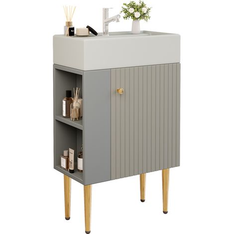 Waschbeckenunterschrank mit 1 Tur und Seitlichen Ablagen, Standmodell, aus MDF, Grau und Weiss, Bad (1/5)