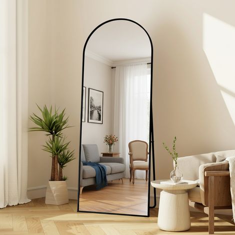 Miroir sur pied, miroir sur pied arqué lisse, l.77 x H.177 cm, peut être fixé au mur ou posé au sol, avec cadre, support réglable, noir (1/5)