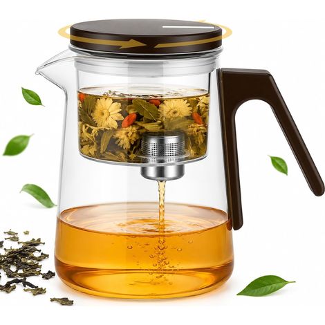 Théière en Verre avec Infuseur 800ml, Théière en Verre Rotatif pour Thé en Feuilles, Borosilicaté Poignée en Bois de Noyer, Résiste au Choc Thermique, pour Les Amateurs de Thé (1/5)