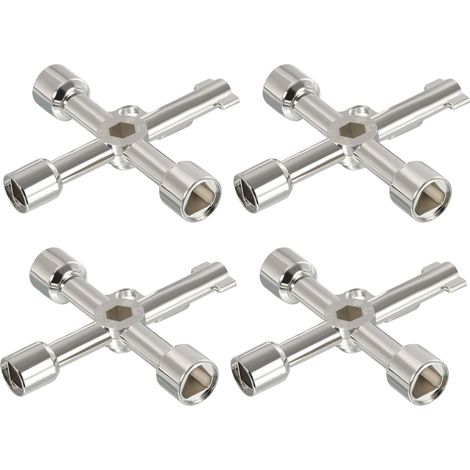 Multifonction Universel Croix Clé, 4 Paquet Zinc Alliage 4 Manière Gaz Eau Compteur Clé Clé-molette pour Électrique Armoire Valve, Argent