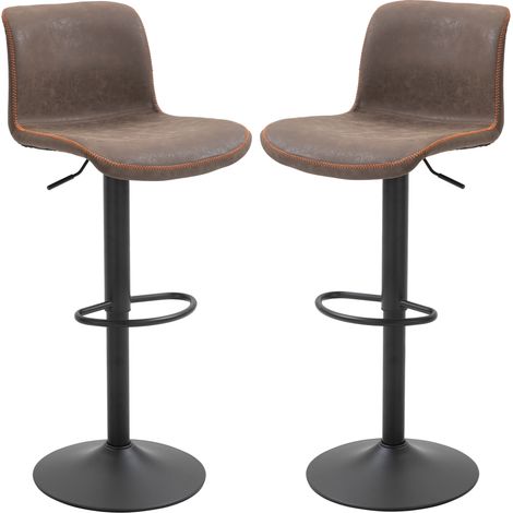 HOMCOM Set aus 2 verstellbaren, drehbaren Vintage-Barhockern mit Fußstützen in braunem PU-Leder und orangefarbenen Ziernähten