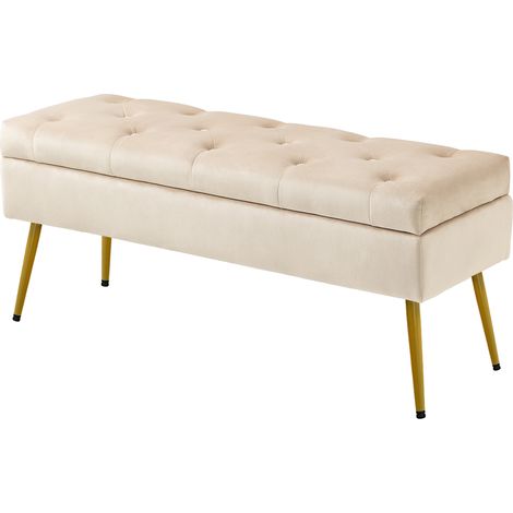 Banc de rangement velours beige, repose-pieds capitonné, structure métal, 102x35x43 cm (1/5)