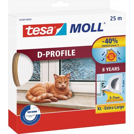 Burlete de goma autoadhesivo TESA para ventanas y puertas, perfil D, blanco, 25 m