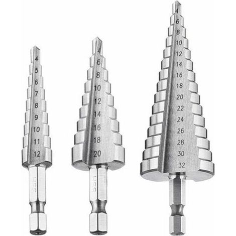 Foret Etagé, Foret Fraise Metal 4PCS 4-12/20/32mm Meche Etage Perceuse Acier Fraise Forage Conique Triangle avec Revêtement Titane Visseuse Percage pour Acier/Bois/Laiton/Plastique/PVC (1/5)