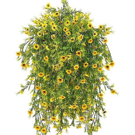 4 Fleurs Artificielles Suspendues Extérieur Résistantes UV - Fausses Marguerites en Panier 78cm, Plantes Artificielles pour Balcon, Jardin, Clôture, Décoration Murale (Jaune) (1/5)