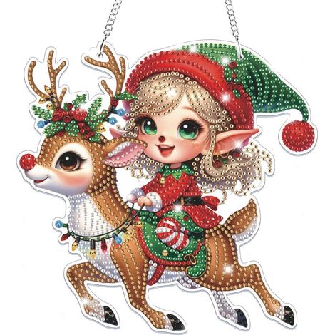 5D Diamantmalerei Anhänger Weihnachten Rentier mit Elf, Fensterdeko Bastelset für Kinder & Erwachsene