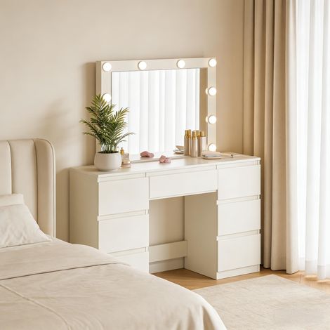 Coiffeuse avec miroir, table de maquillage avec prises intégrées, bureau d'étude, meuble vasque élégant (uniquement table de maquillage) (1/5)