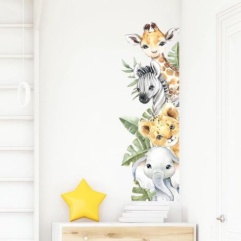 Stickers muraux animaux de la jungle aquarelle - Autocollants - PVC - 90 x 40 cm - Couleurs variées - Décoration murale (1/5)