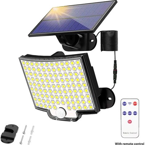 (Avec télécommande) Lampe solaire extérieure LED ultra-lumineuse avec détecteur de mouvement et télécommande, étanche IP65, compatible avec terrasse, garage et applique murale de sécurité. (1/5)